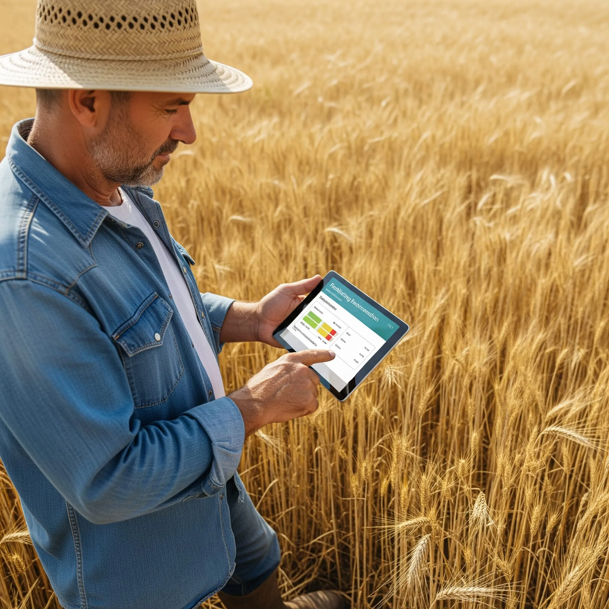 A farmer in a wheat field reviewing a fertilizing recommendation on a tablet