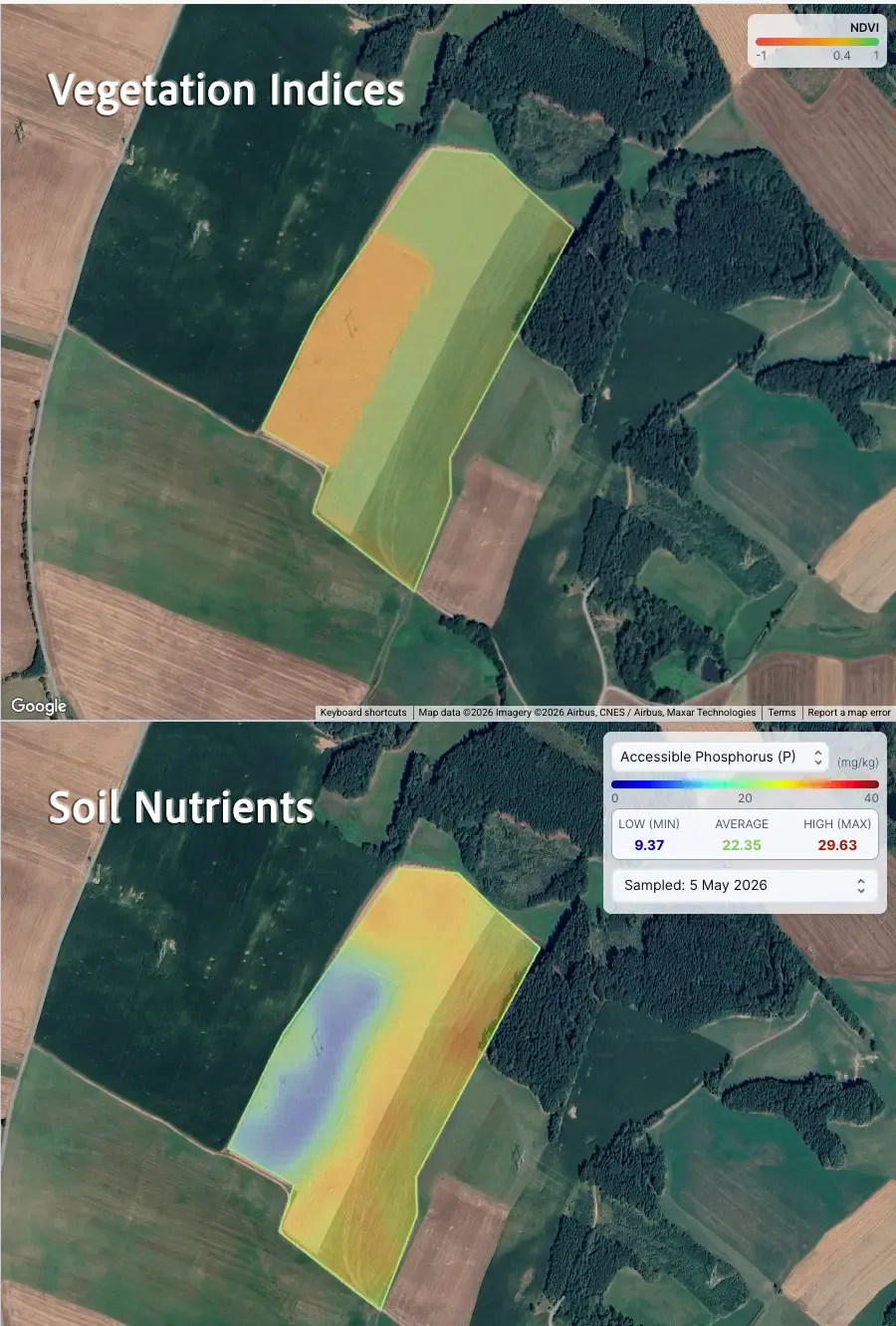 Split view showing vegetation indices and soil nutrients side by side over the same field