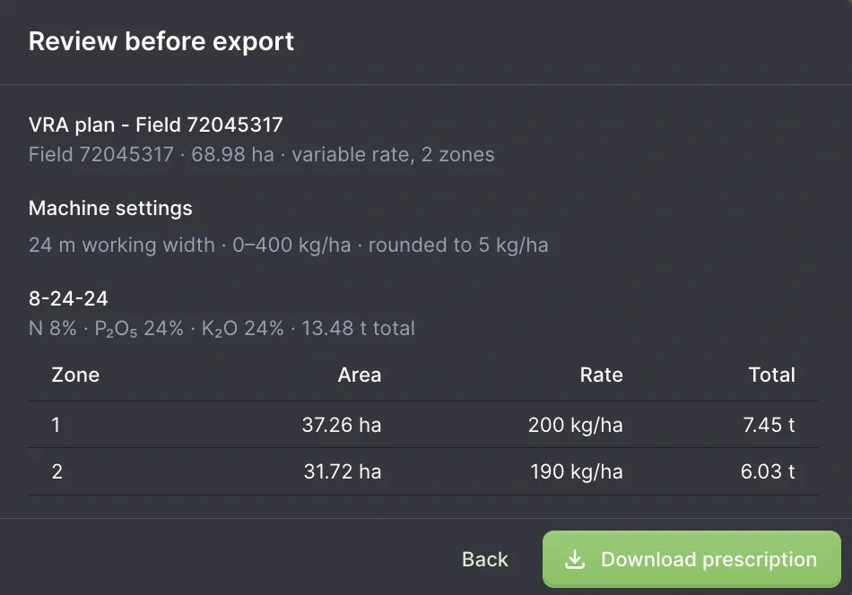 Siora review before export showing two application zones, equipment settings, fertilizer rates, total quantity and the Download prescription button.