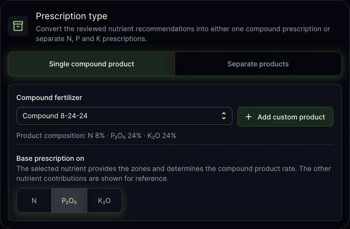 Compound or separate fertilizer choices, product composition and the nutrient used to set a compound rate.