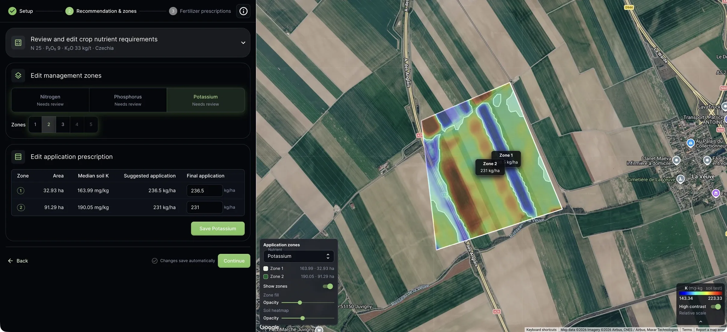 Siora VRA Planning showing a potassium map with two management zones and editable application rates.