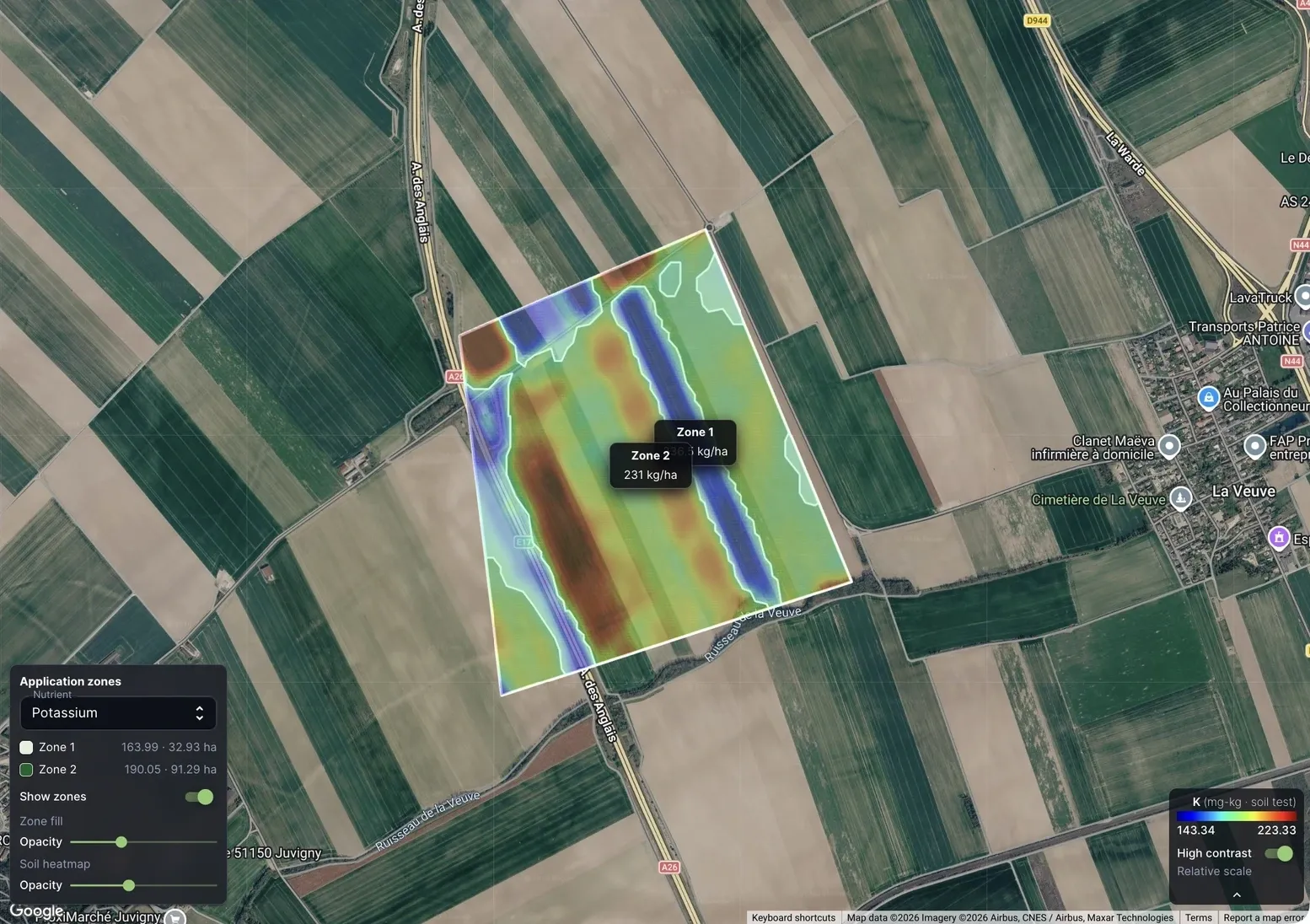 Soil map with two automatically suggested potassium management zones