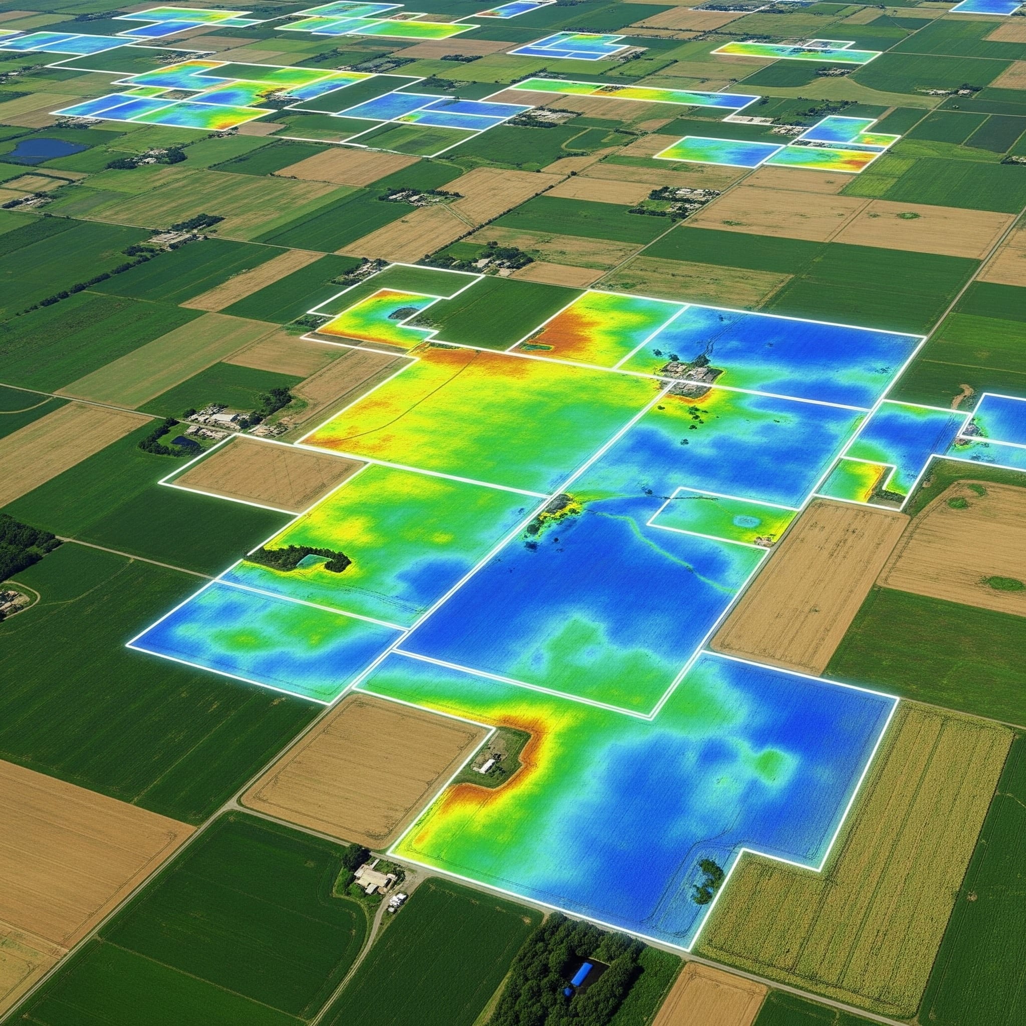 Aerial view of fields with heatmaps overlaid on top of them