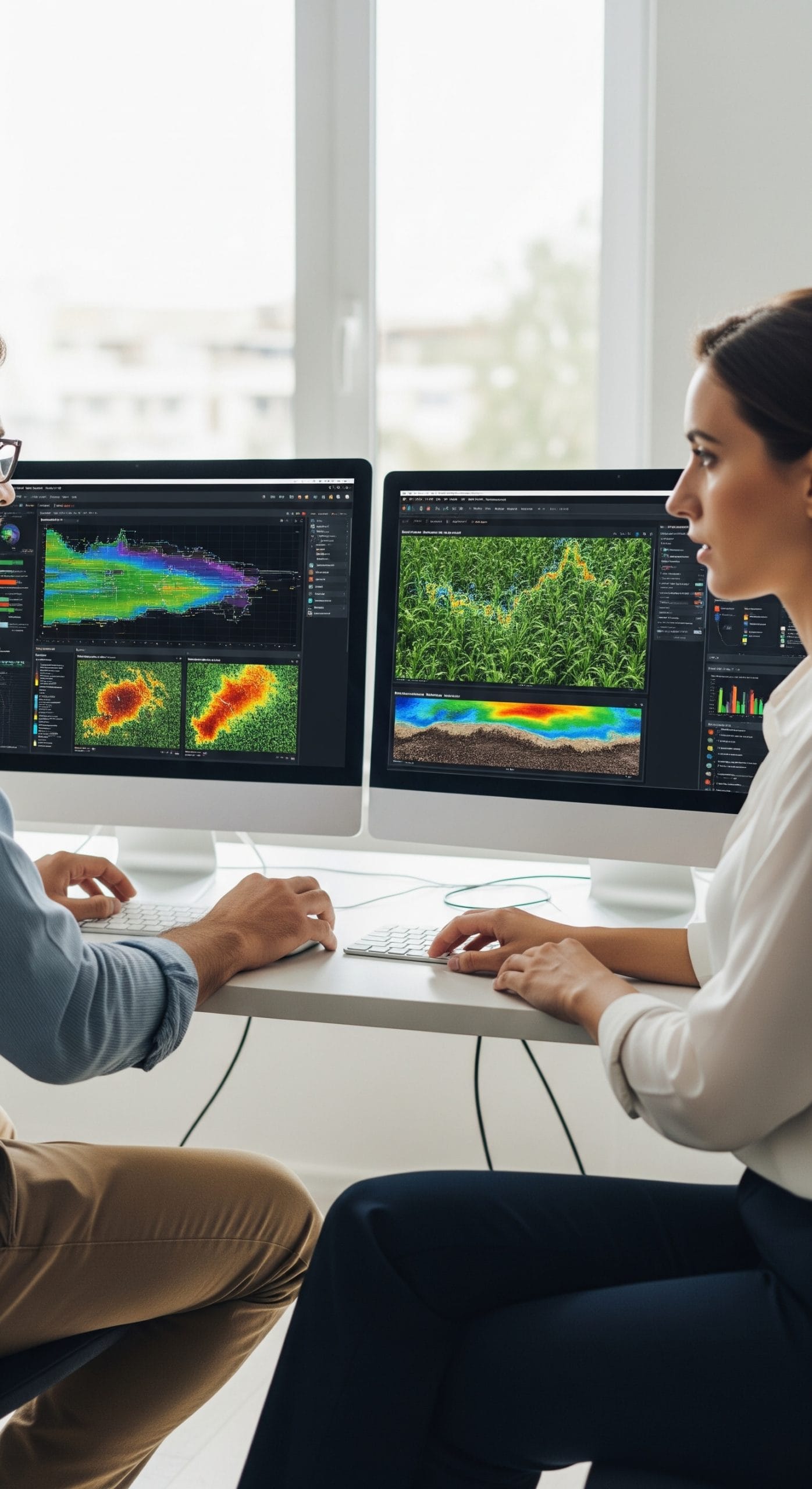 Two people at a desk in an office environment talking in front of computer screens showing different representation of agricultural data
