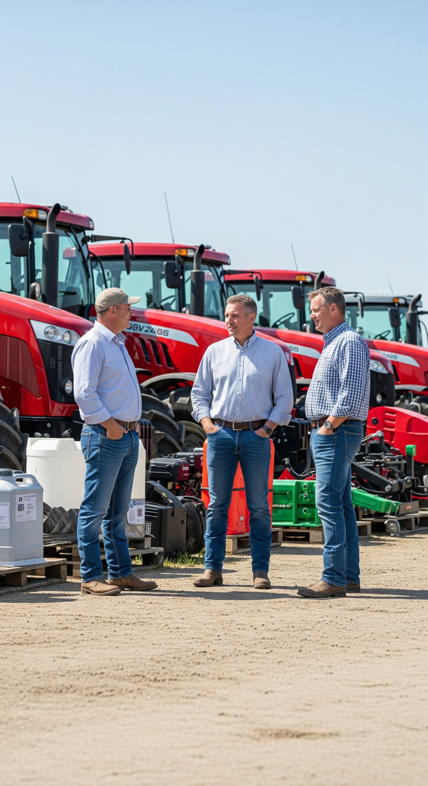 Businessmen discussing something in front of agricultural machinery