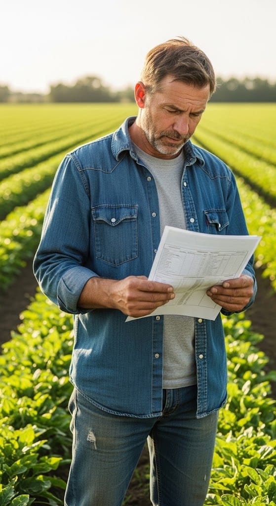 Man standing in agricultural field and reading sheet of paper